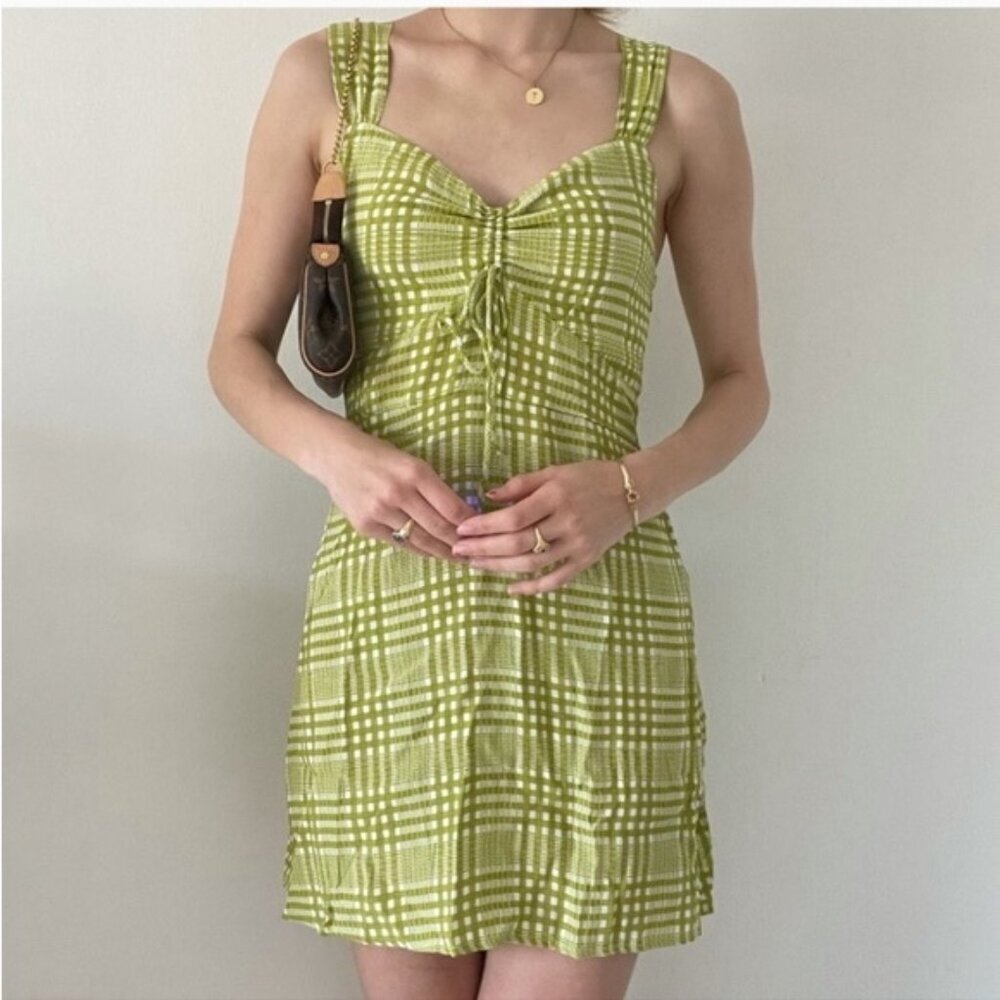 NWT FAITHFULL THE BRAND Imogen Mini Dress Djerra Check Lime FF1621-DCL SMALL